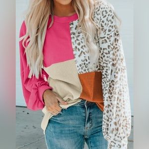 NEW ROSE LEOPARD LONG SLEEVE TOP | Ribbed  Color Block Plus Size 2XL